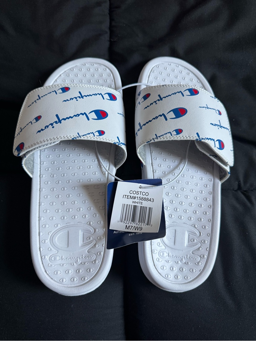 Champion White Kids' Slide Sandals with Blue & Red Logo Print